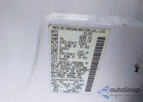 2008 Nissan Pathfinder Se из США, поврежденный, VIN 5N1AR18U58C603281